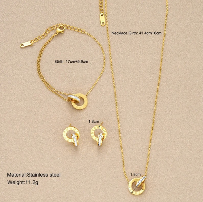 4pcs Gold Stainless Steel Jewelry Set Necklace Bracelet Earrings Roman Circles