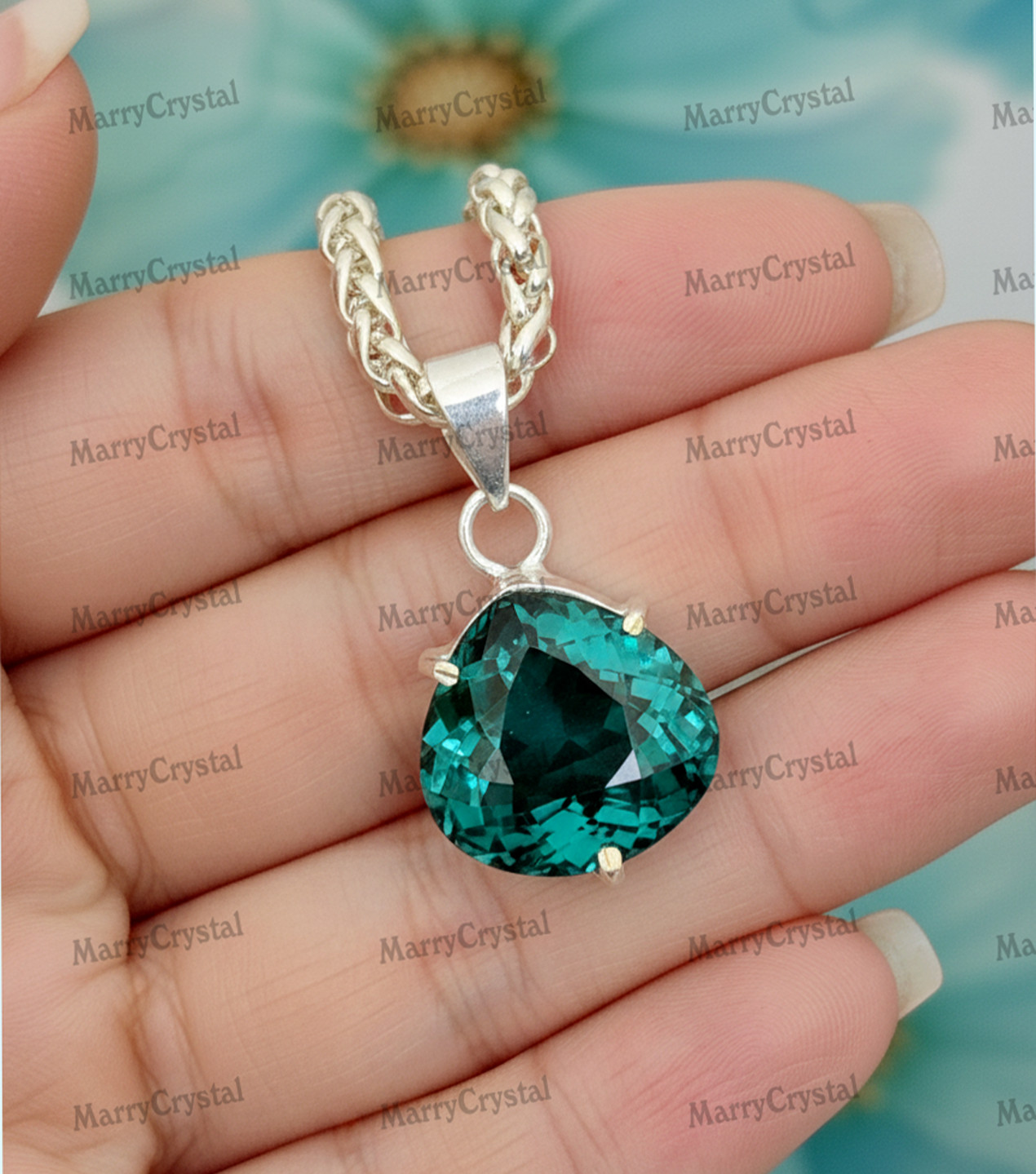 34+ Ct Green Amethyst Color Quartz Stone 18″ Chain German Silver Gemstone