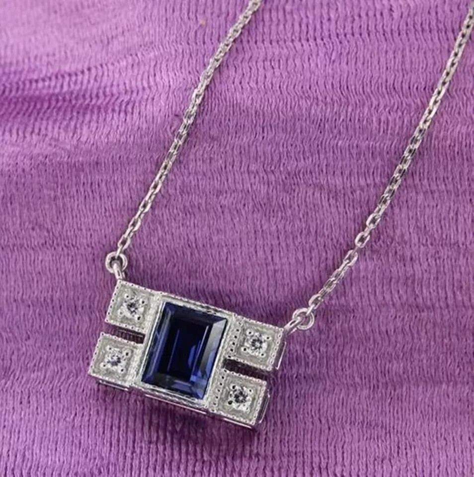 Emerald Cut Simulated Blue Sapphire Women’s Charm Pendant 14k White Gold Plated