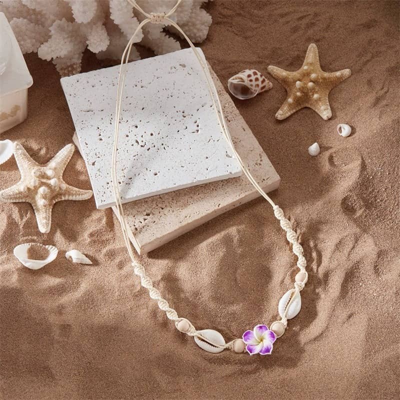 Hawaiian Beach Shell Necklace ✦ Polymer Clay Flower ✦ Adjustable Woven Jewelry