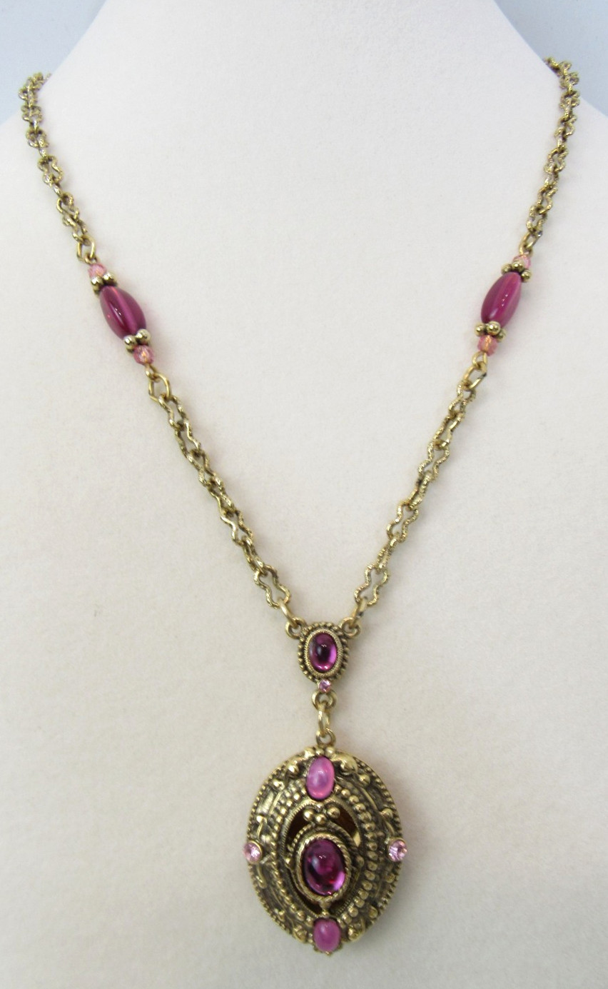 Delicate 1928 Brand Lavalier Locket Pink/Rose Stones on 26″ Long Chain Necklace