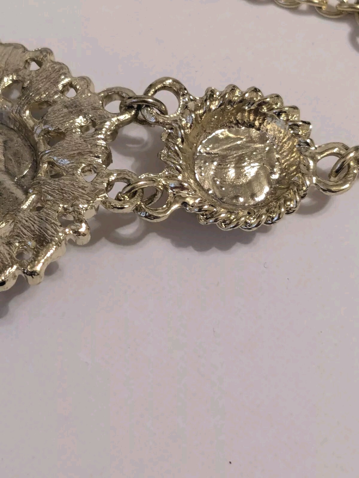 Gold Tone Flower Pendant Statement Necklace With Off White Acrylic Beads 24″.
