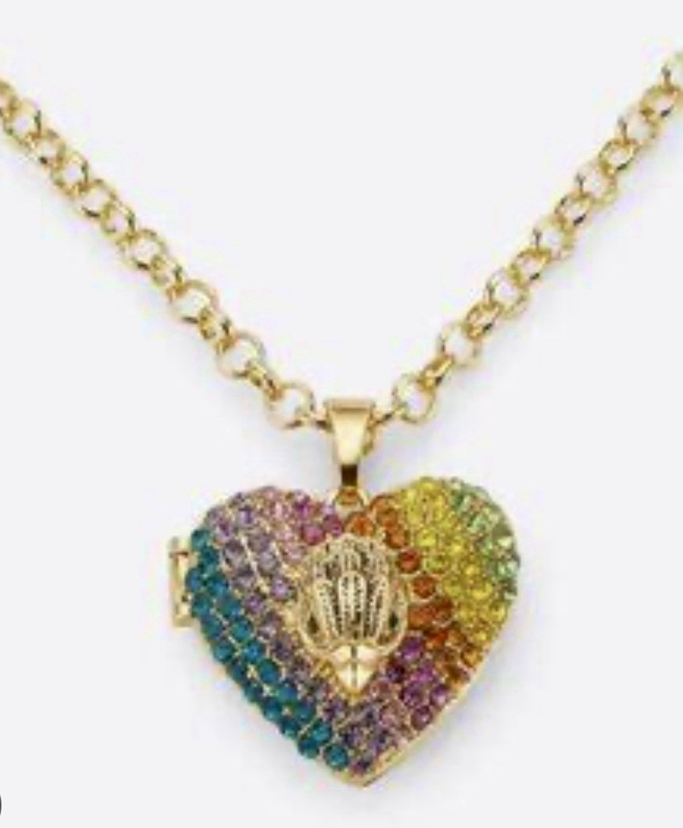 KURT GEIGER LONDON GOLD TONE RAINBOW EAGLE HEAD HEART LOCKET NECKLACE 16”+2” NWT