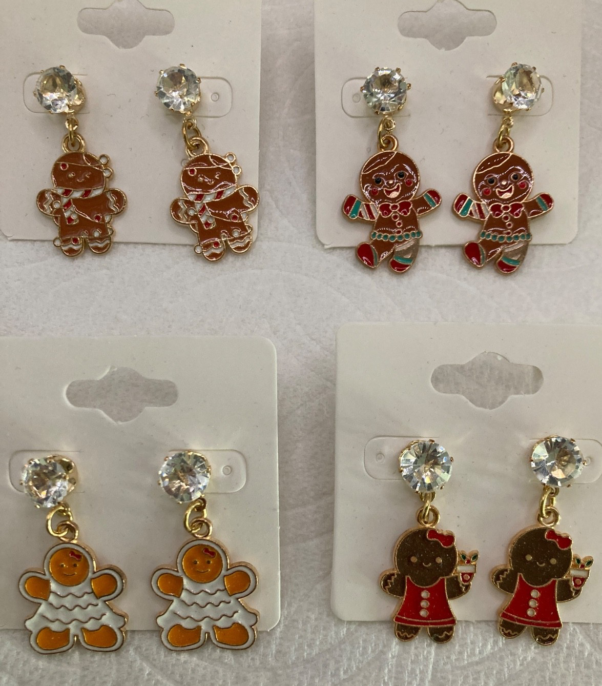 GP Christmas Gingerbread Man & Gingerbread Girl Enamel Post Earrings, Lot 4 Pair
