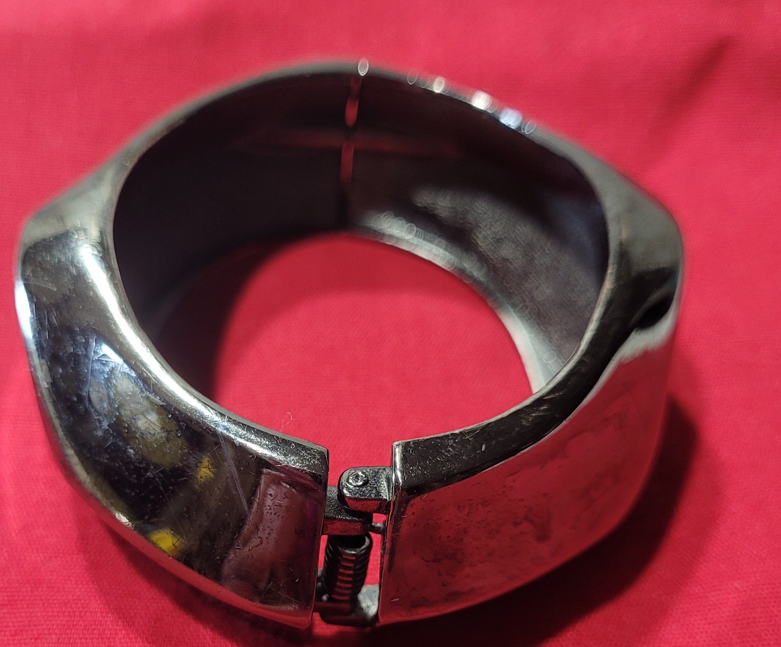 Vtg Chunky Sculptural Gunmetal Mirror Cuff Clamper Bold Statement Bracelet