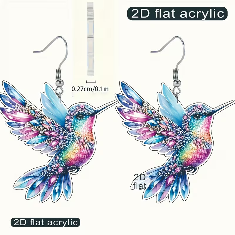 1 Pair, Charming and Cute Colorful Hummingbird Acrylic Earrings