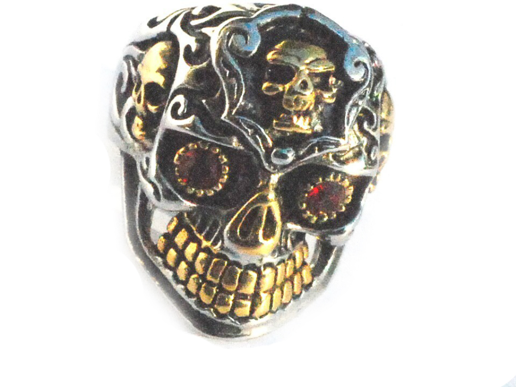 Stainless Steel Skull Biker Punk Gothic Men Ring w/ Gold Tone Teeth Red Eyes