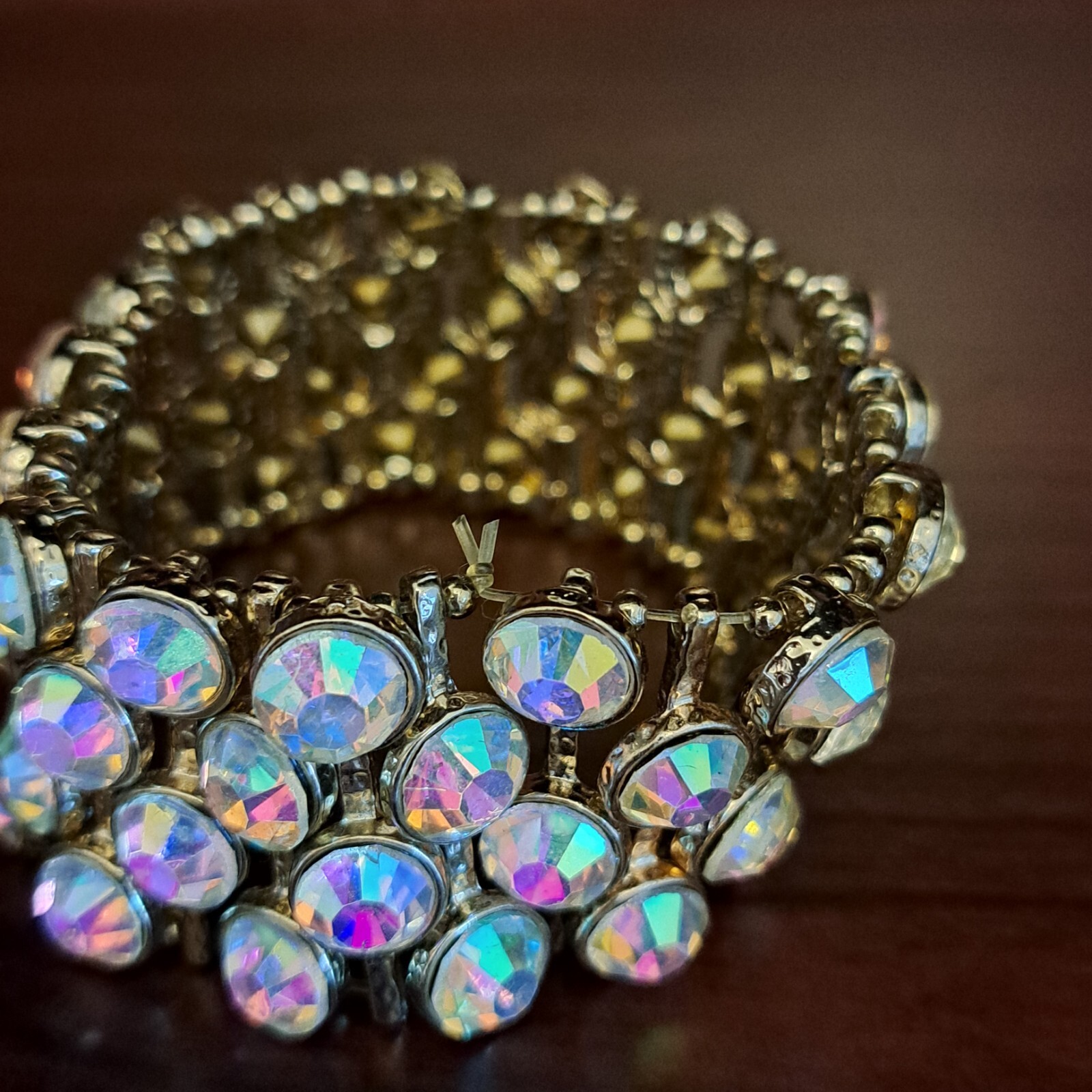 Fashion Heavy Multicolored Rhinestones Bracelet Wide on Elastic Pull On