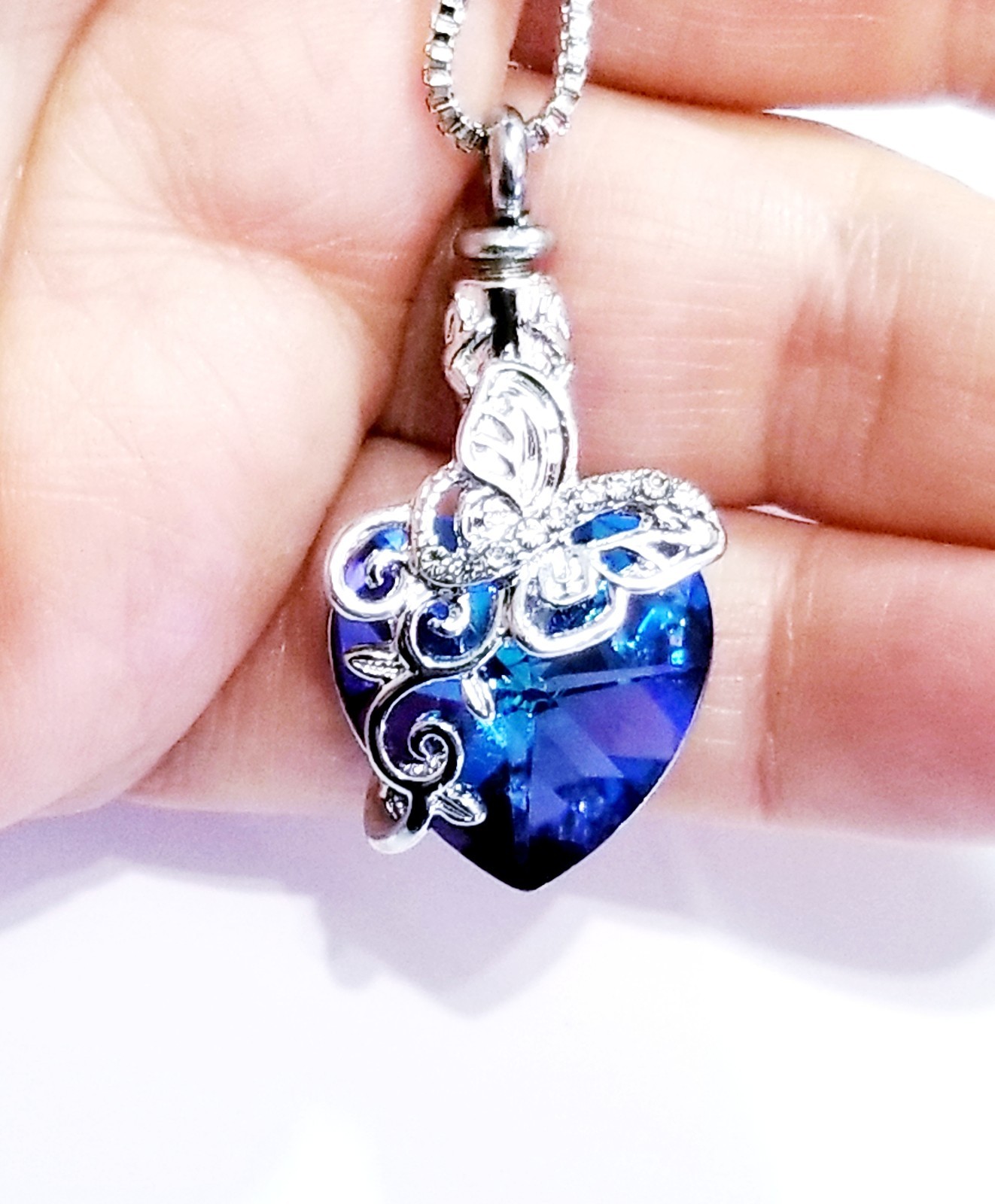 Silver Tone Urn Cremation Memorial Necklace Heart Butterfly Pendant for Ashes