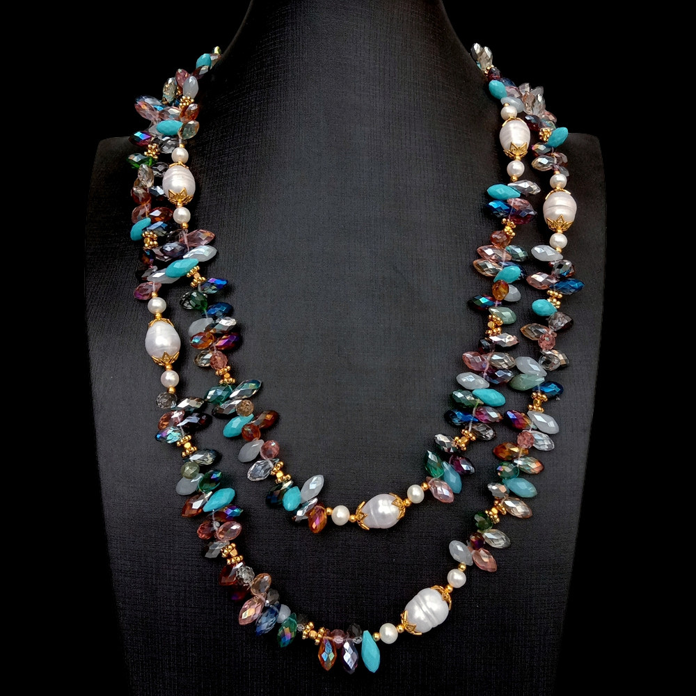 Cultured Freshwater White Rice Pearl Multi Color Crystal Long Necklace 49″
