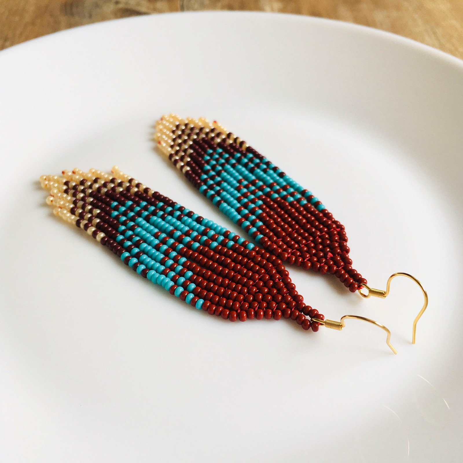 Brown Turquoise Beaded Fringe Earrings, Handmade Southwestern Boho Jewelry