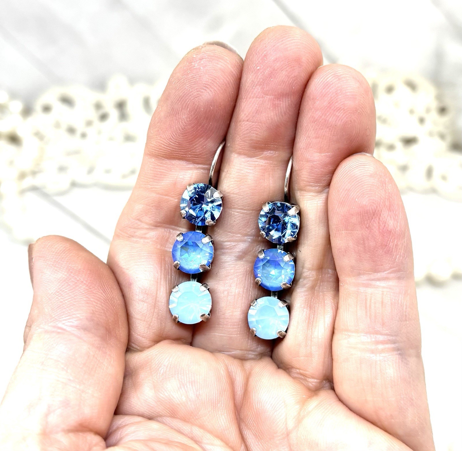 Antique Silver Plated Triple Stone Ocean Delite Cup Chain Earrings