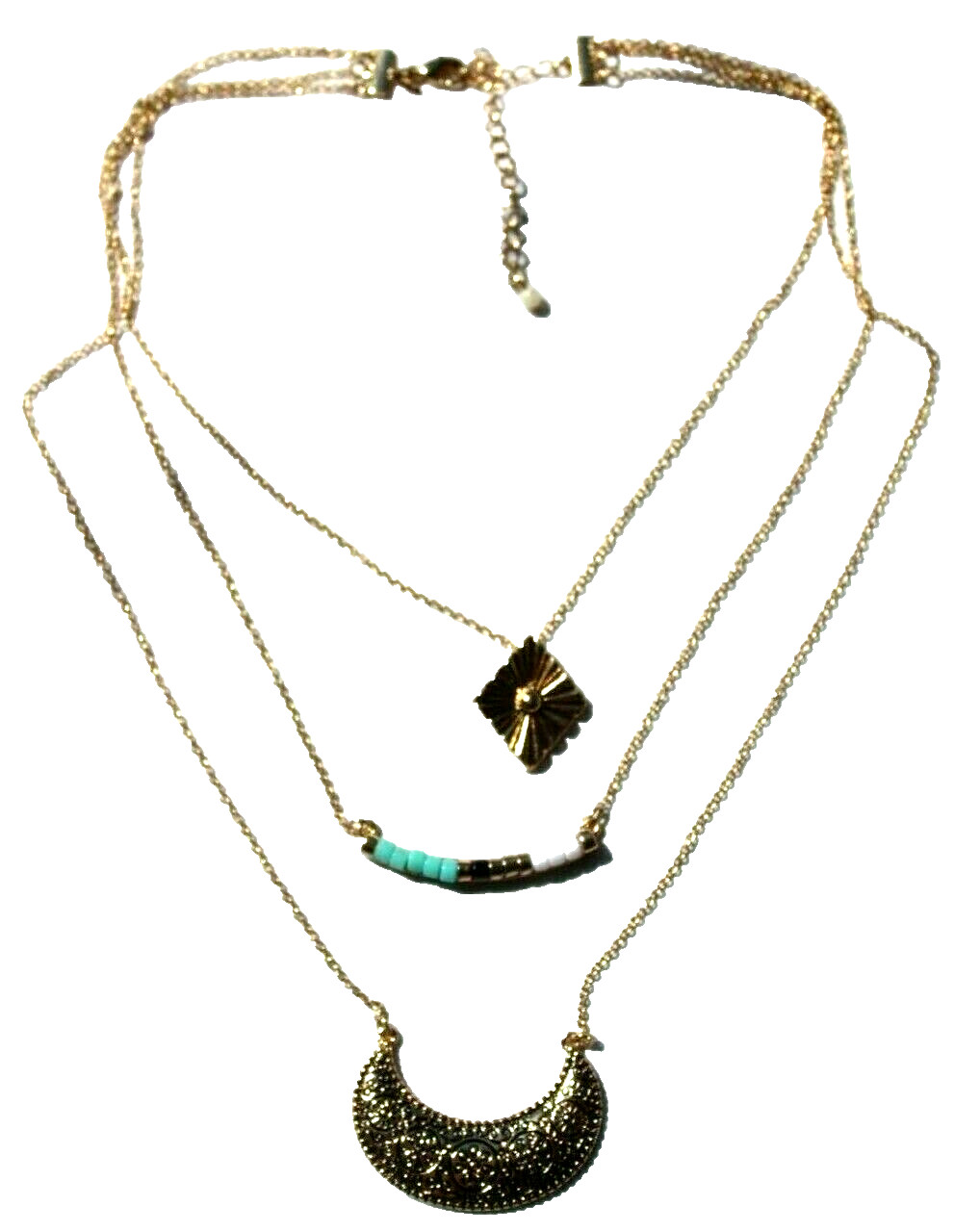 Layered Egyptian Look Necklace Gold Tone 3 Multi-Strand GV9 #J-4-BP