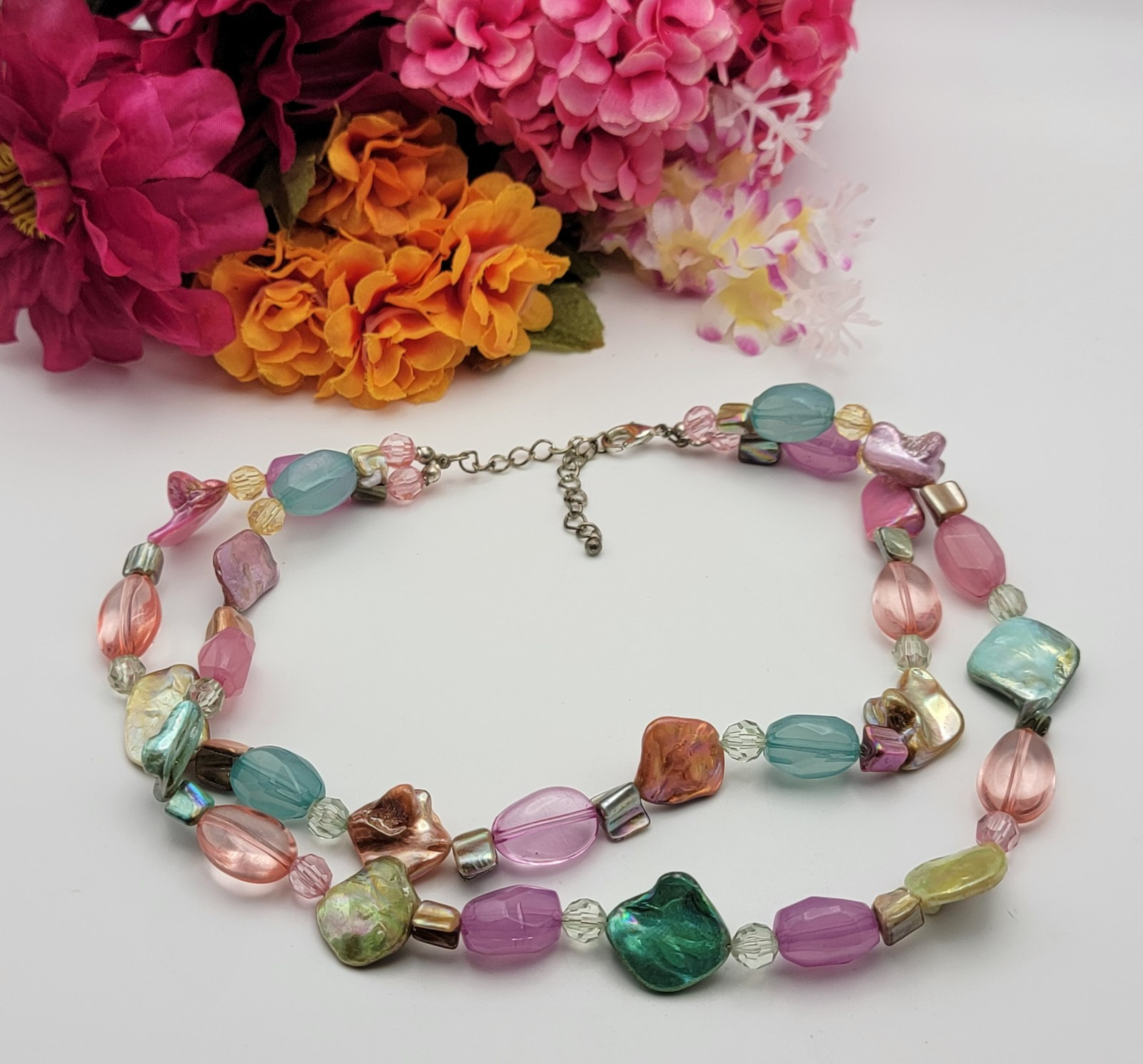Pink Blue Beaded Necklace Double Strand Collar Acrylic Shell Beads 19″ Adj.