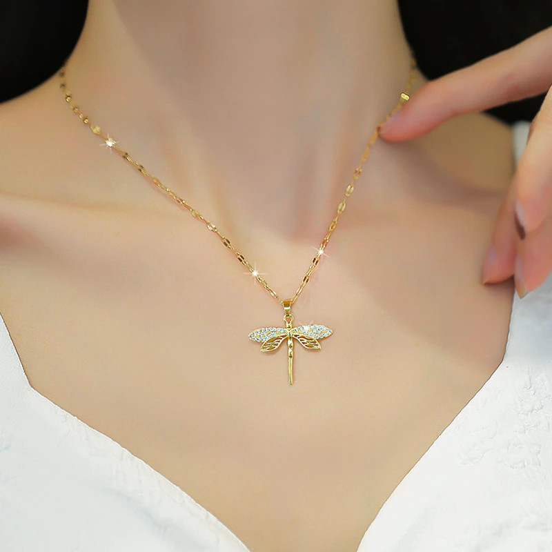 Women’s Fashion Jewelry Gold Cubic Zircon Dragonfly Pendant Necklace 427