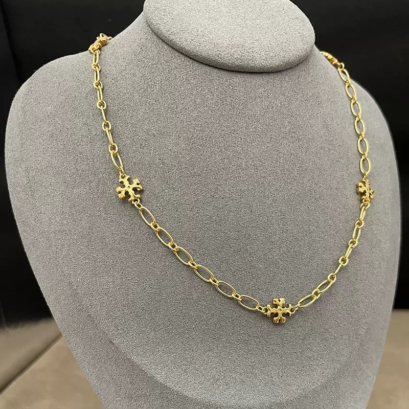 New Burch Roxanne Chain Logo Necklace GOLD with Jewelry Pouch 44+11cm