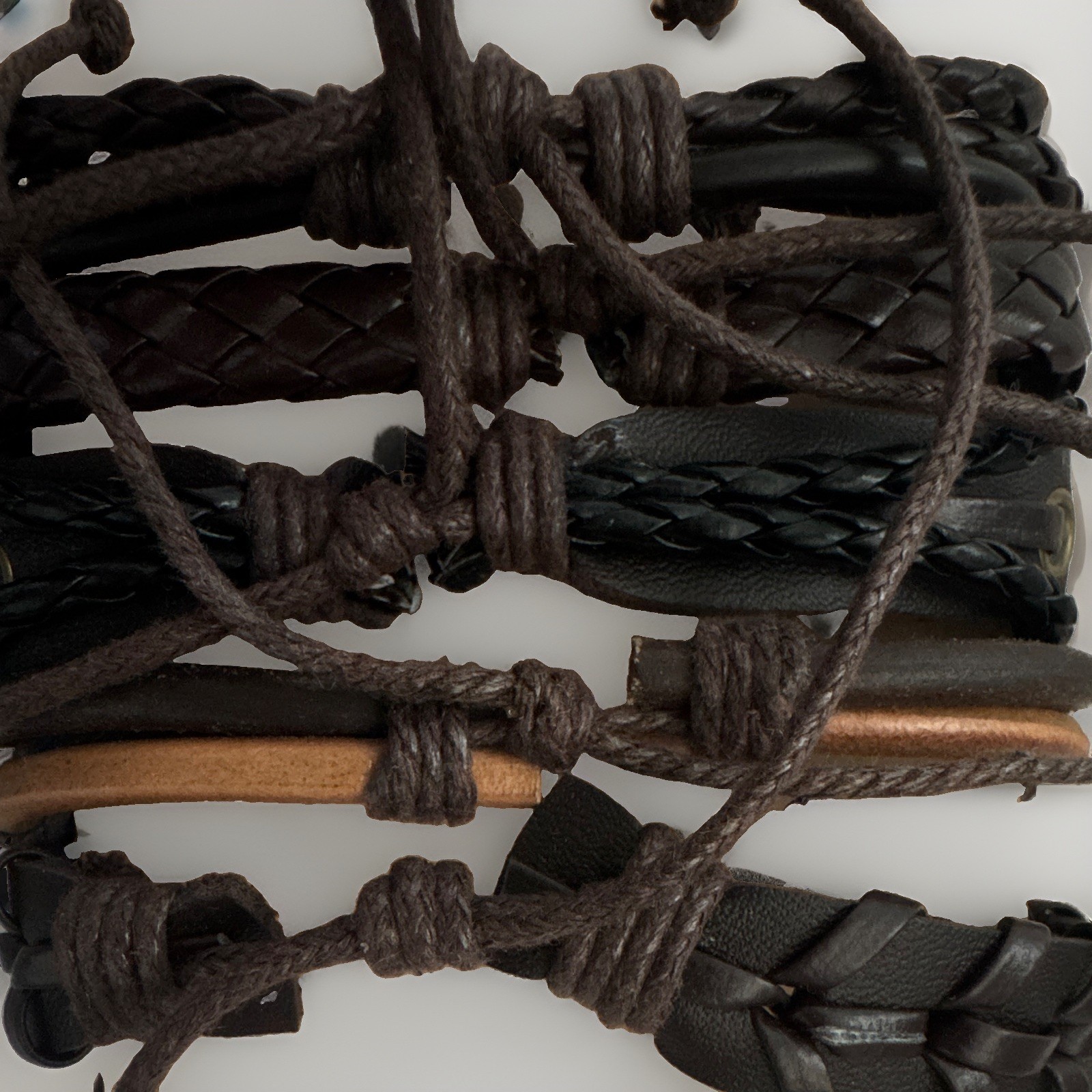 Set of 5 Black/Brown Faux Leather Cord Braided Wrap Bracelets, Adjustable Tie
