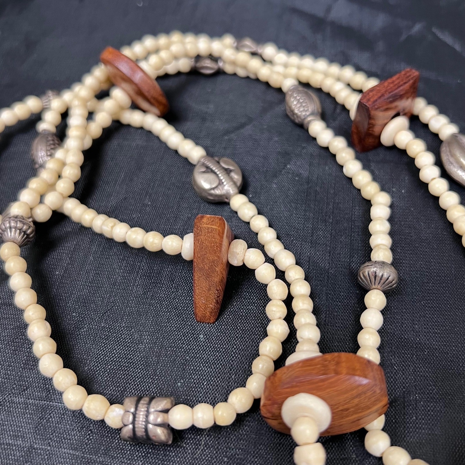 Boho Beaded Wood Silver Tone Statement Necklace 56″ Bone Bohemian Natural Ethnic