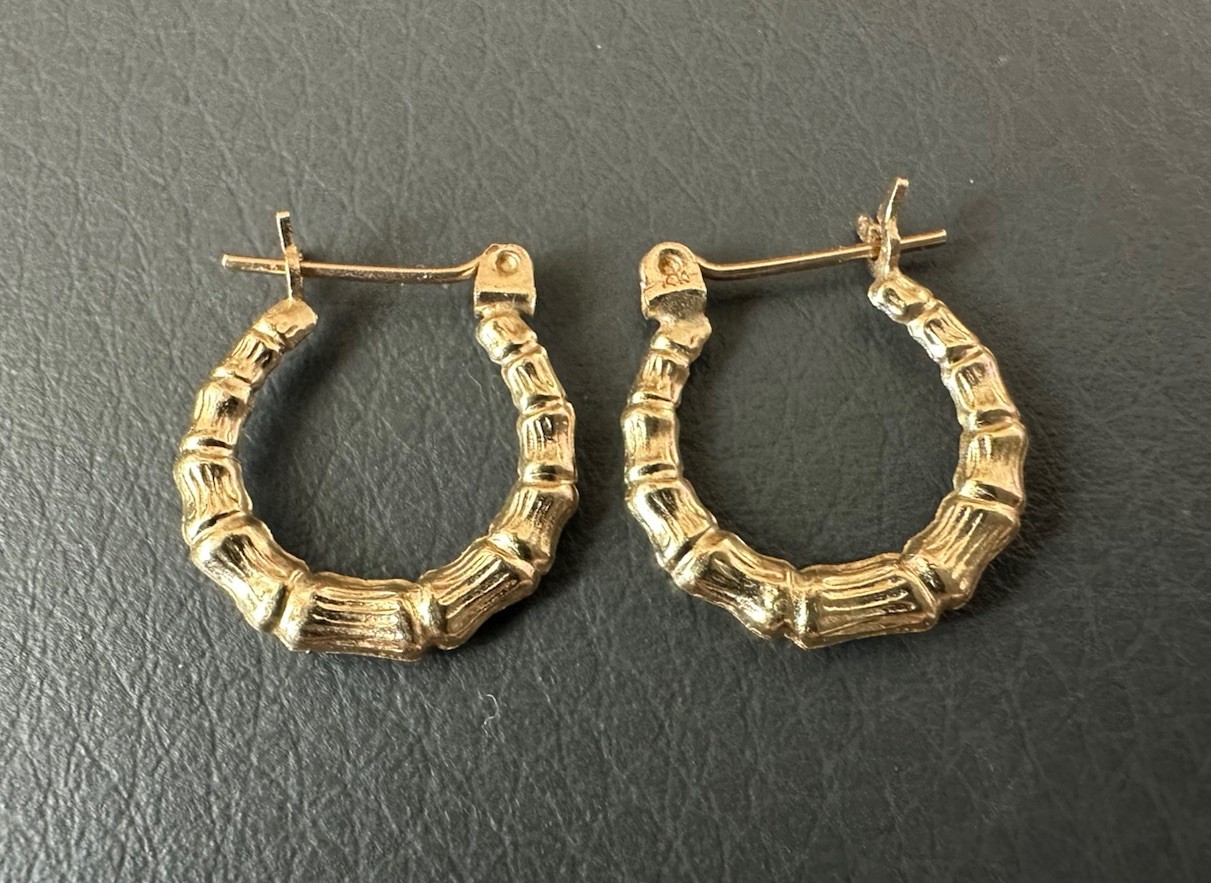 14k Yellow Gold Bamboo Design Hoop Earrings