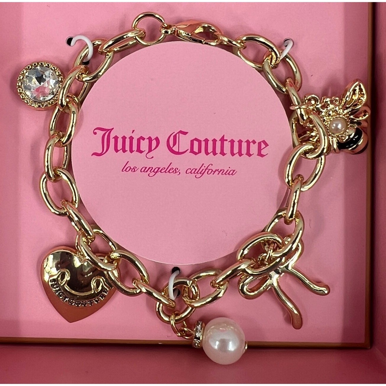 Juicy Couture Charm Bracelet Gold Tone Size 7.5 Heart Bow Bee Rhinestone NWT Box
