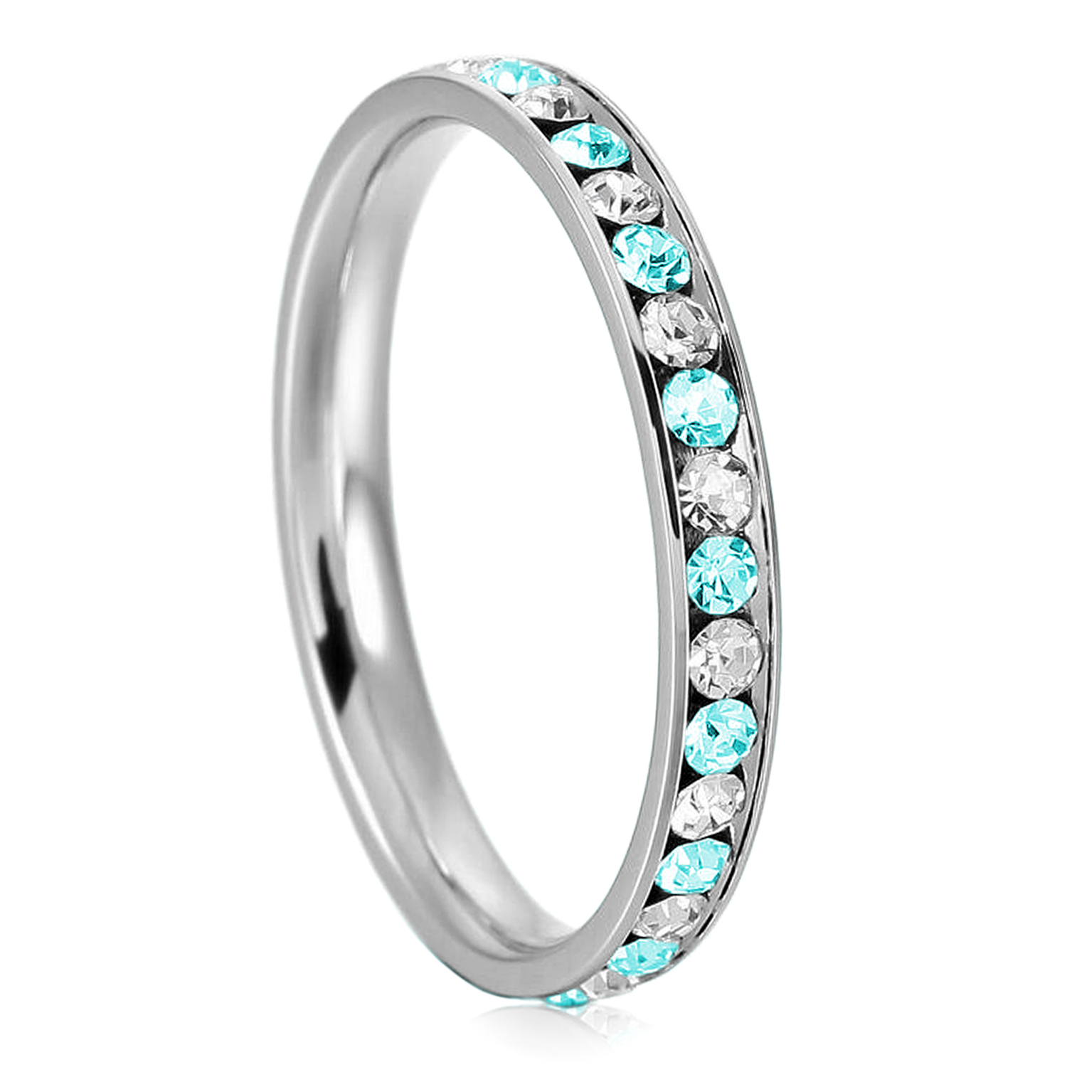 Stainless Steel Stackable Eternity Teal & White Crystal Rings 3MM
