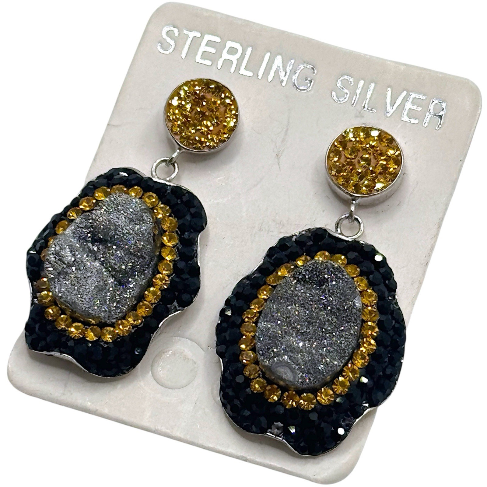 NEW Sterling Silver Druzy Crystal Hang Earrings Special Occasion Luxury Sparkle