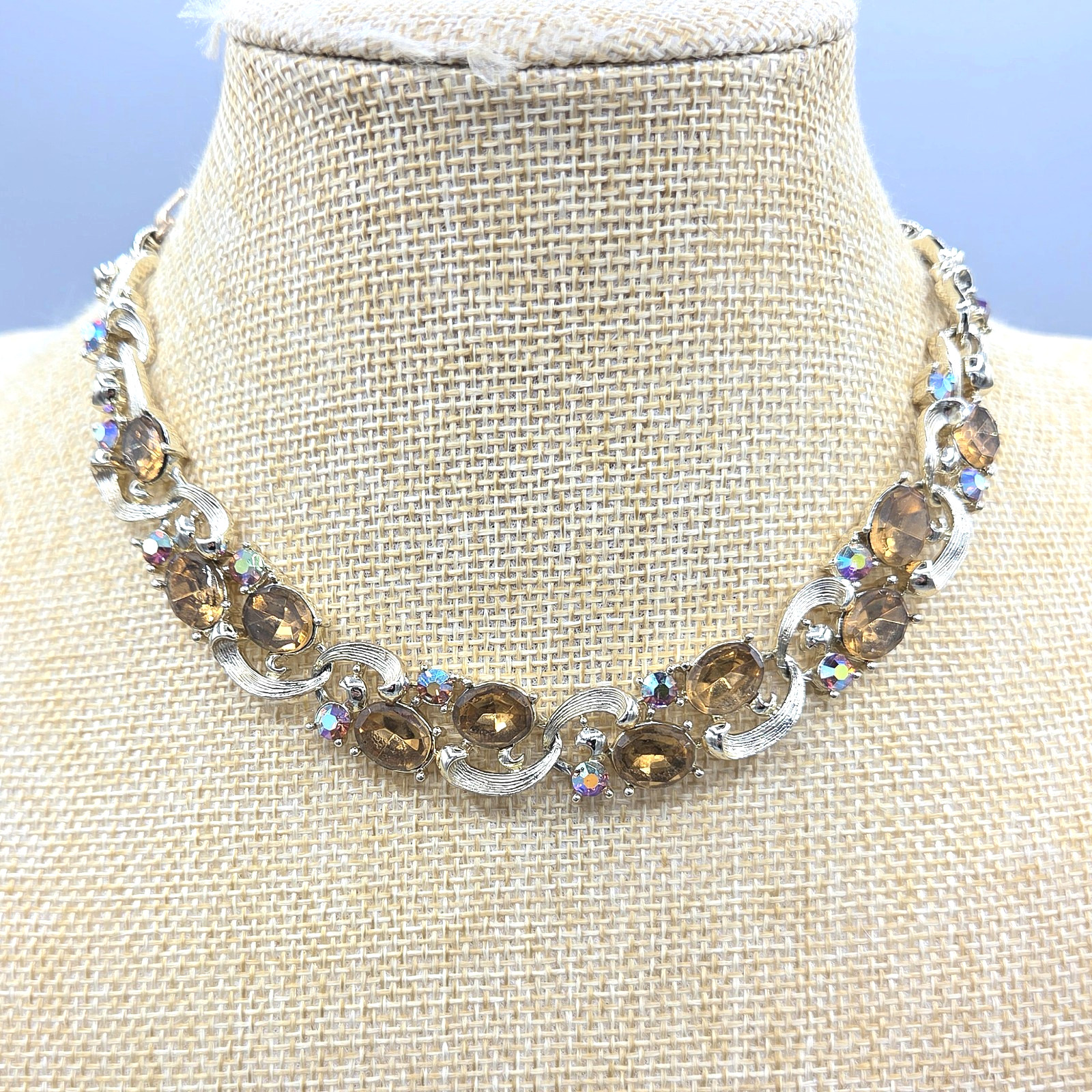 Vintage Lisner Signed Topaz & AB Rhinestone Gold Tone Necklace 16″ Clip Earrings