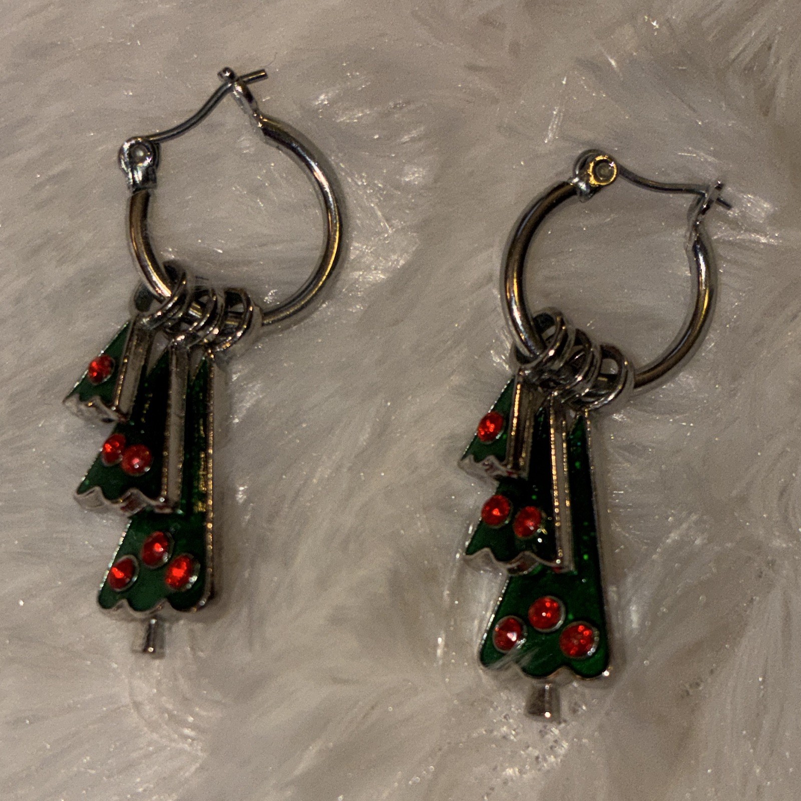 Silver Tone Hoop Dangle Earrings Enamel Christmas Tree Charm Green Red