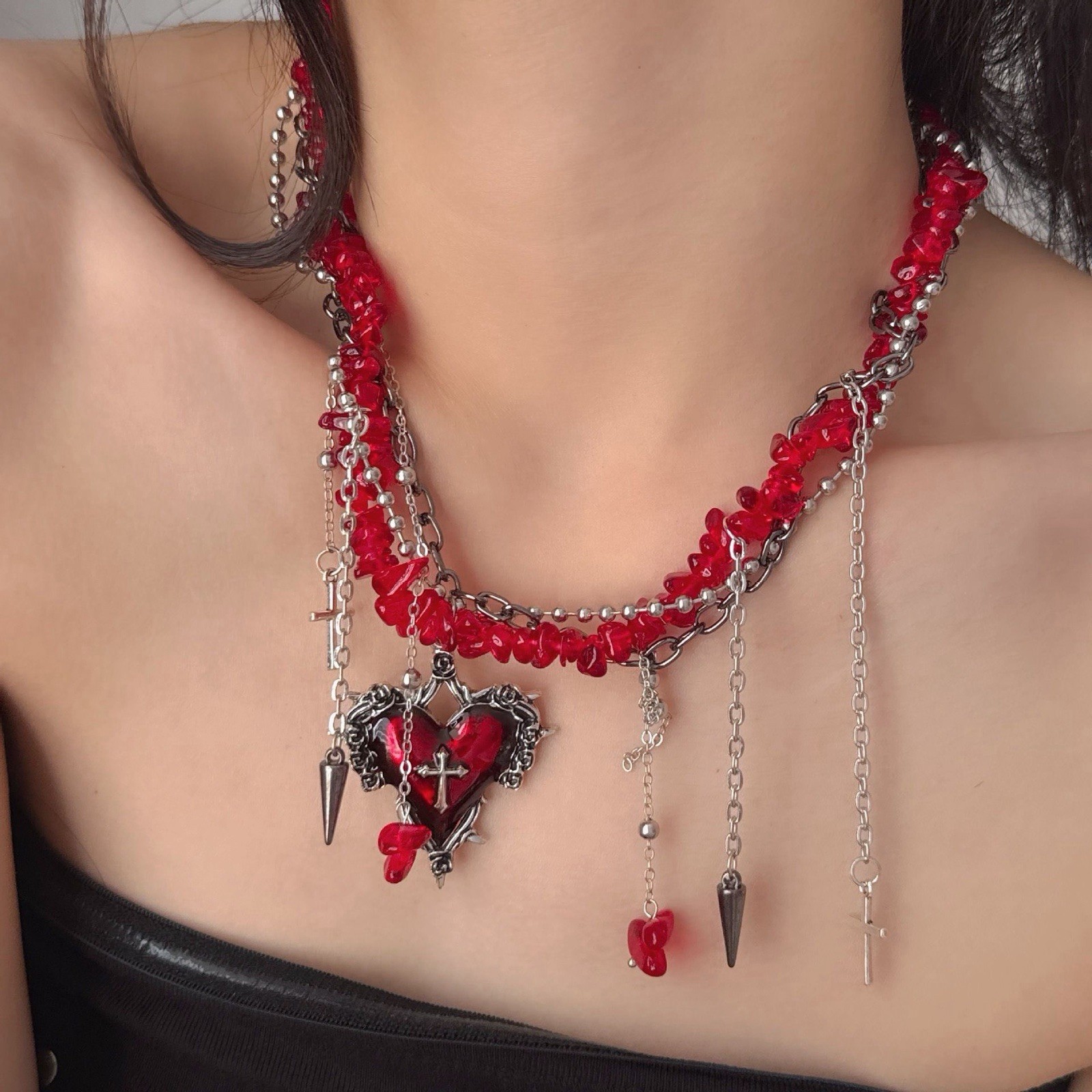 Gothic style personality red gravel chain love tassel wrap necklace female niche