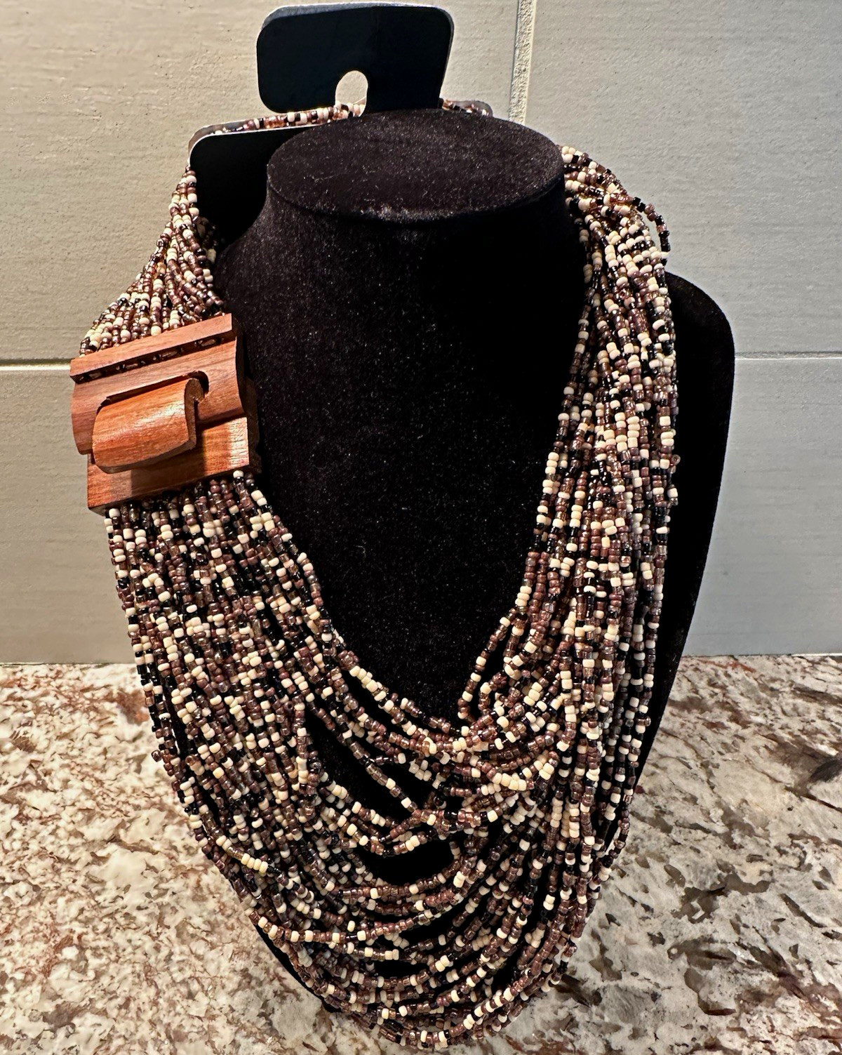 Tanya Creations Brown/Ivory Multi-Strand Beaded Necklace Wood Slide Clasp