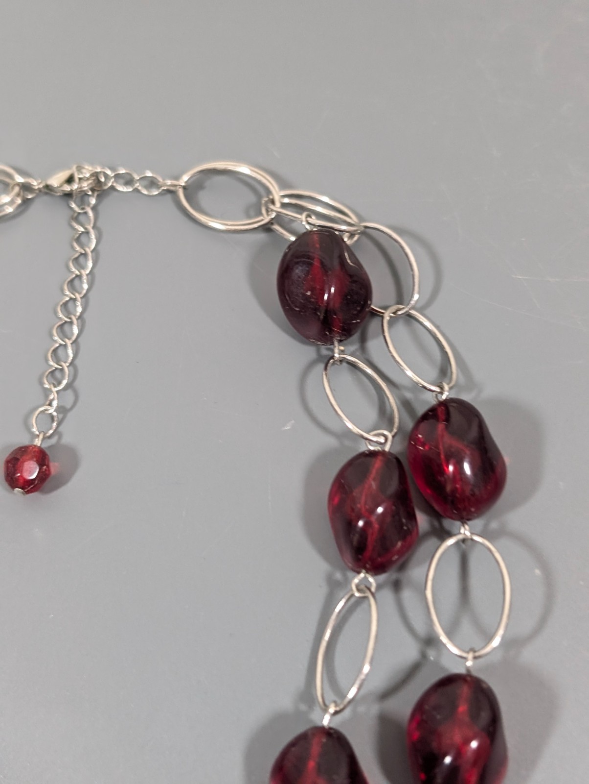 Red Lucite Bead Layered Necklace Statement Oval Chain Link Retro 23 in Bib