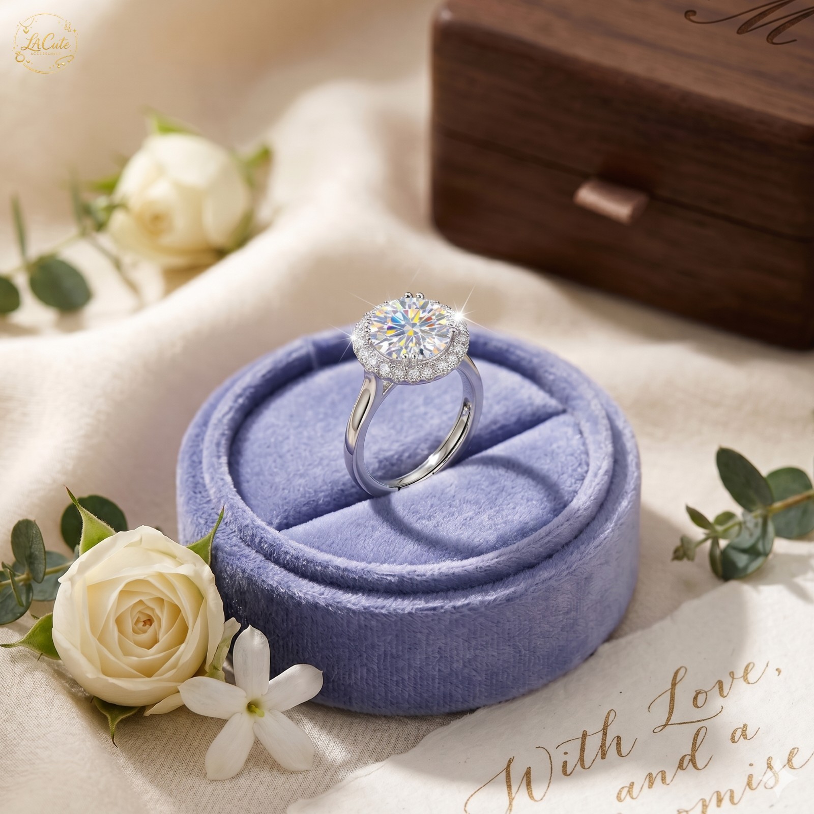 [US STOCK] 5CT CZ Halo Engagement Ring Silver Tone Adjustable Promise Gift Women