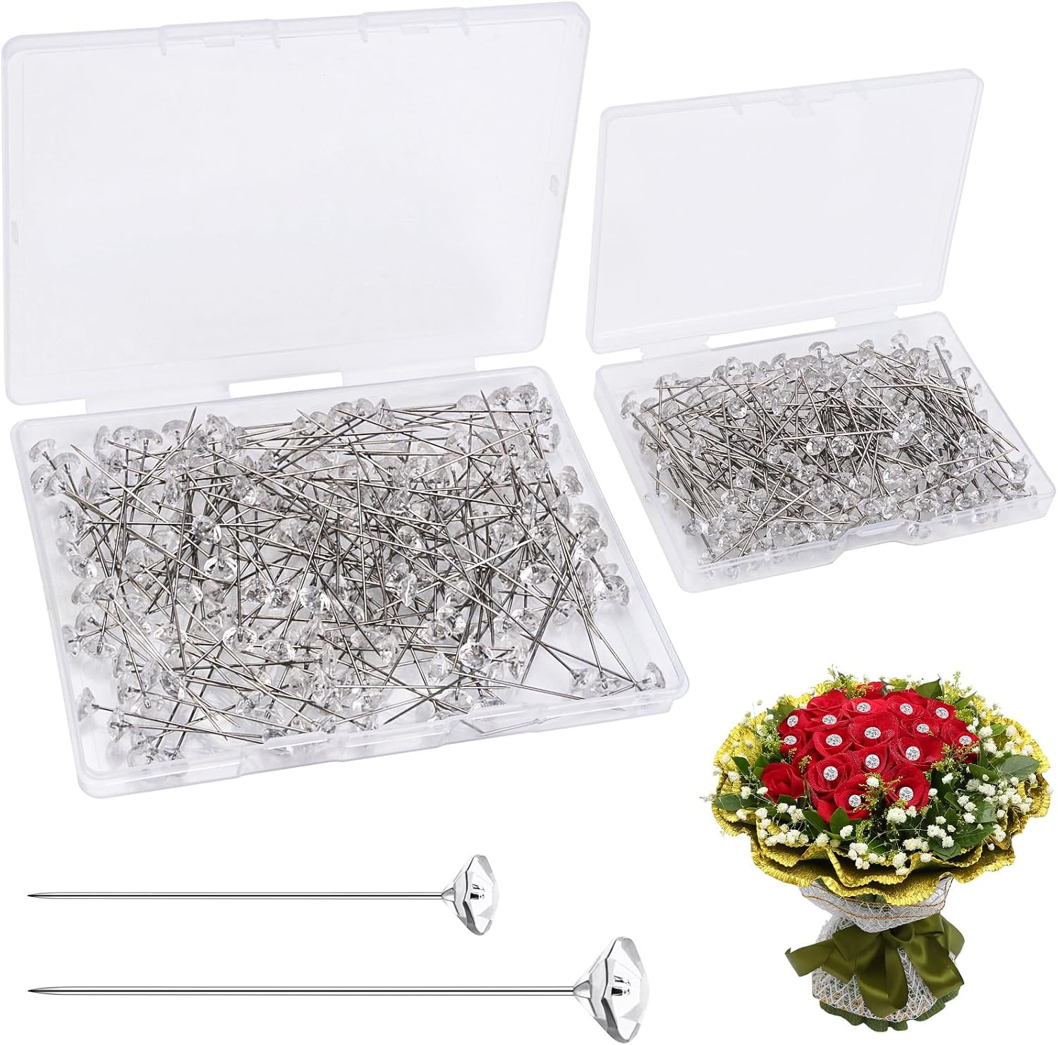 400 Pcs Corsage Boutonniere Pins, 2.1&1.5Inch Crystal Rhinestones Pin，Straight F