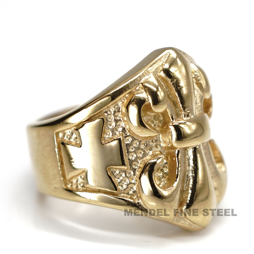 MENDEL Mens Gold Plated Fleur de Lis Flower Cross Ring Stainless Steel Size 7-15