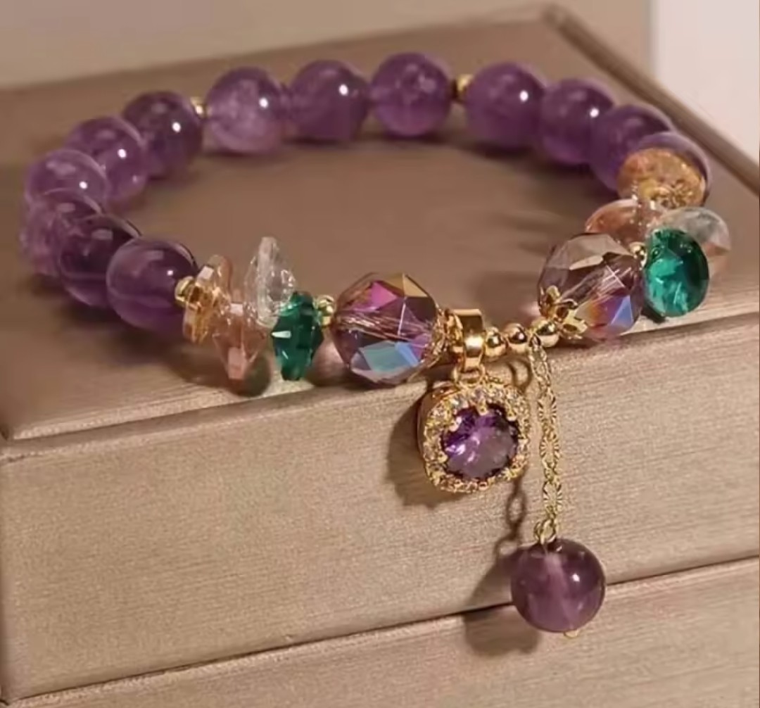 Purple Crystal Beaded Bracelet, Elegant Amethyst Charm Bracelet