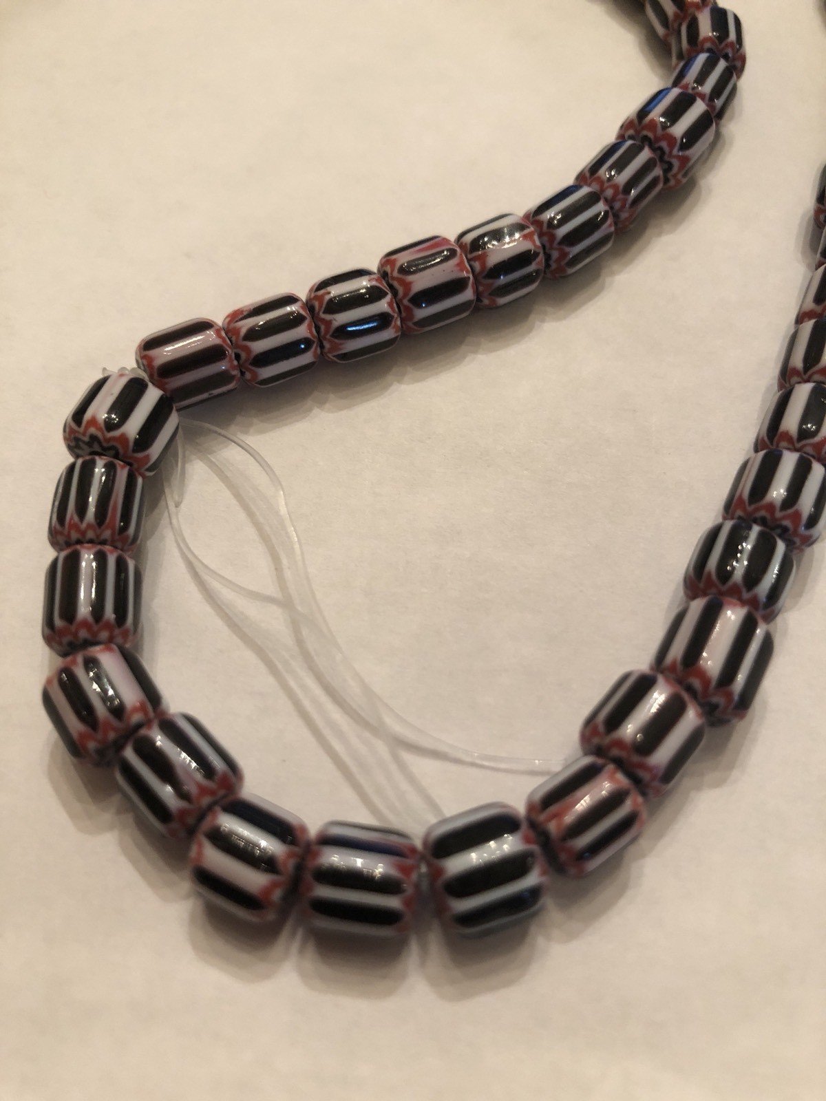 Vintage Red, White & Black Six Layer Glass Chevron Barrel Bead Strand