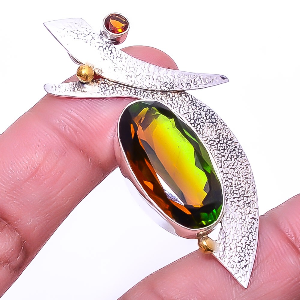 Bi-Colour Tourmaline & Smokey Designer 925 Sterling Silver Pendant 2.15″ P64