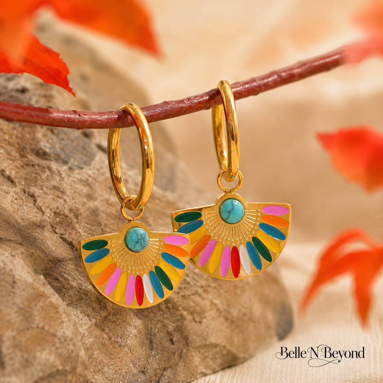 Colorful Fan Hoop Earrings Turquoise Enamel Gold Silver Boho Dangle Set
