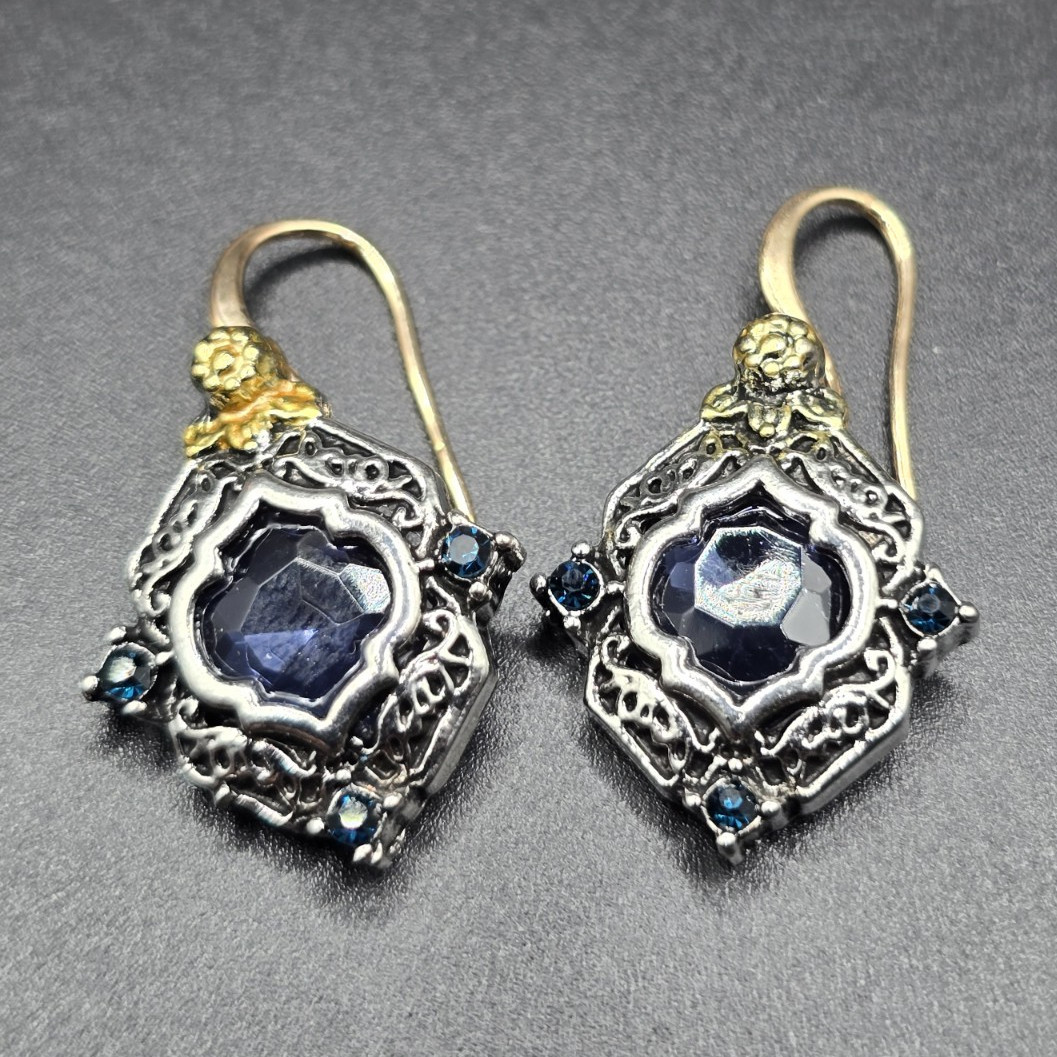 Silver & Gold Tone Dangle Drop Earrings Blue Round Crystal Bezel Hook 1.25in