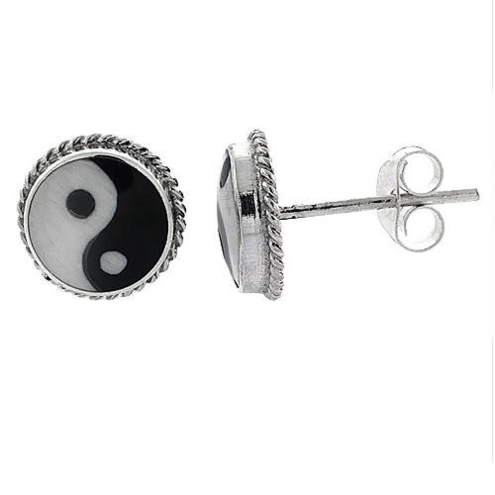 3/8 inch (9.5 mm) Diameter Sterling Silver Yin Yang Stud Earrings