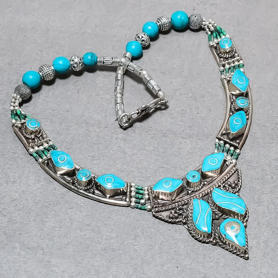Tibetan Turquoise Handmade Statement Bohemian Nepali Jewelry Necklace 18″ SR47