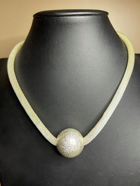 B4946 Silver Plated Mesh Necklace Statement Large Textured Sphere Pendant 18″