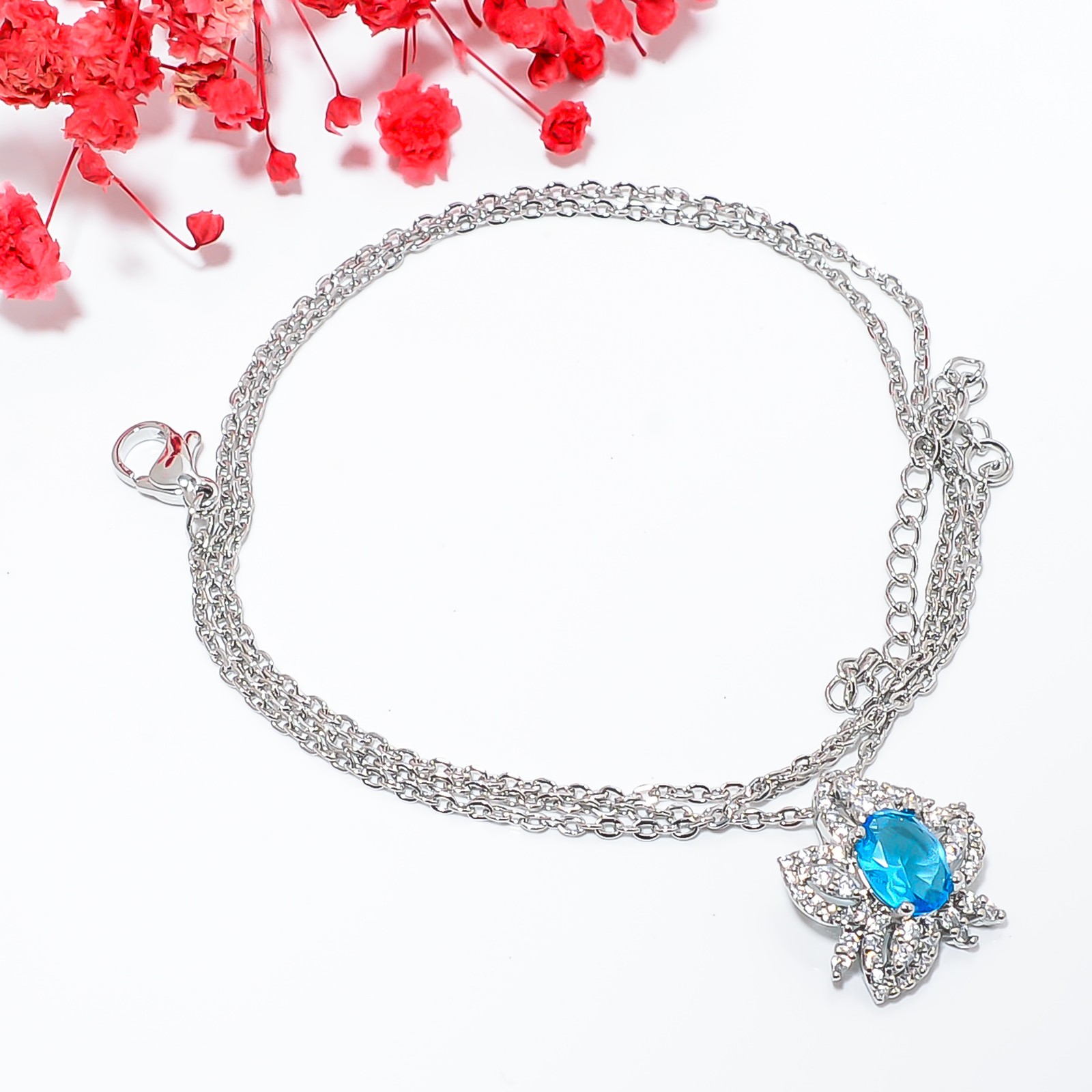 Blue Topaz & Cz 925 Sterling Silver Floral Pendant With Chain 18-20″ CP15019