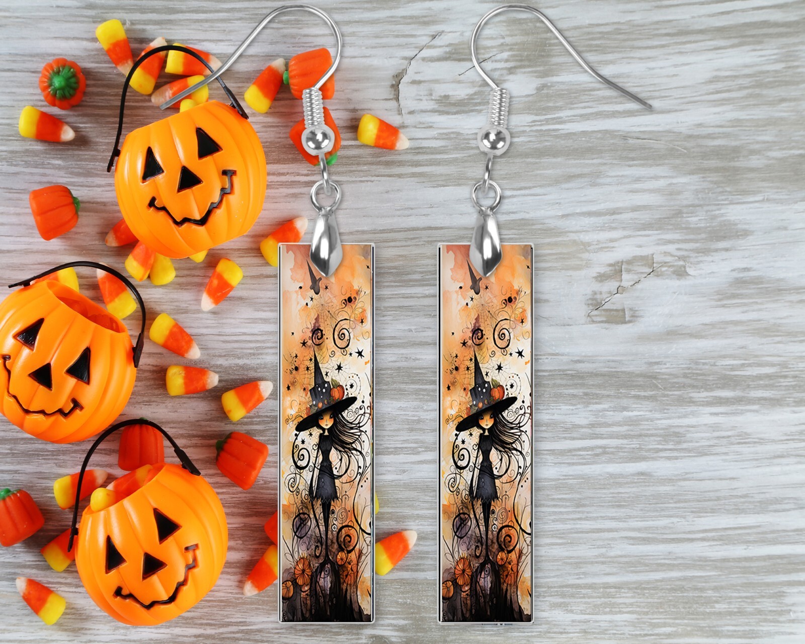 Earrings, Halloween Witch Girl Wood Bar Printed Earrings Jewelry