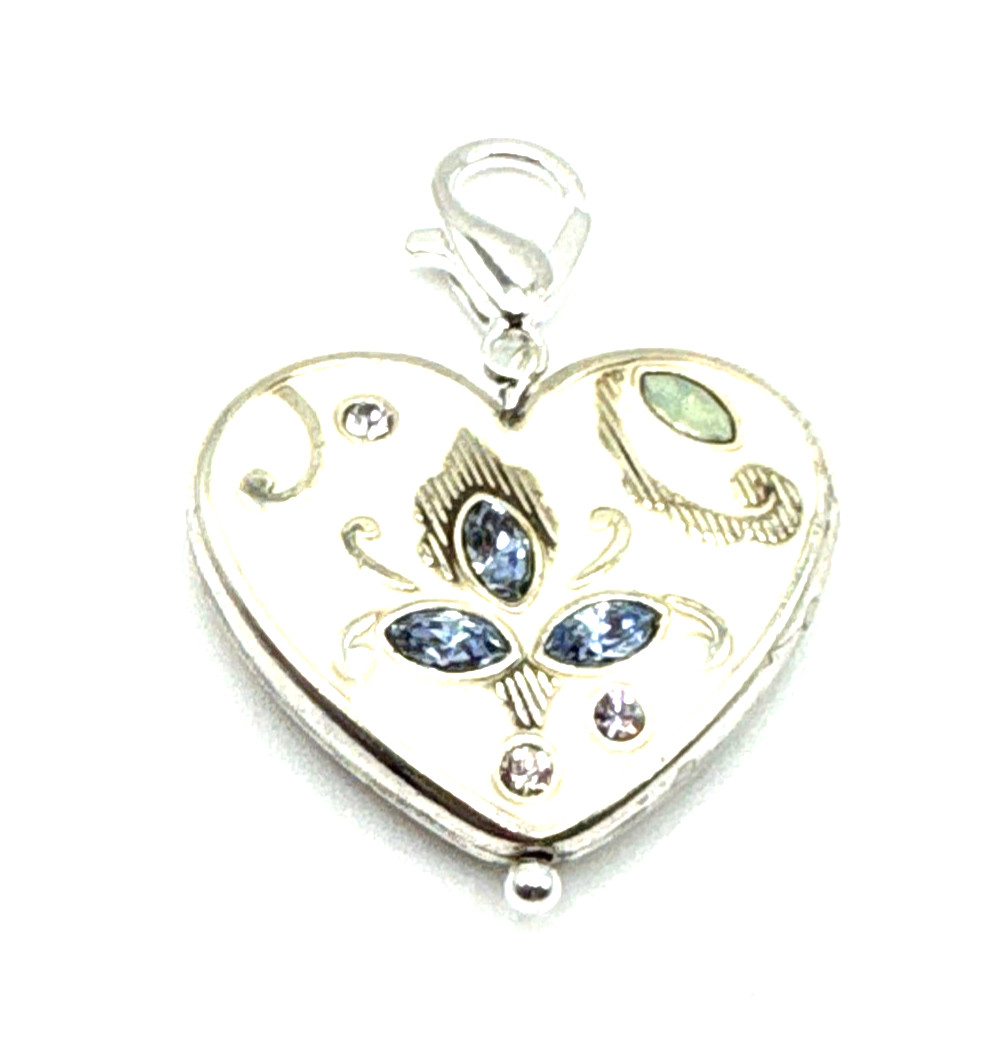 Brighton Tapestry Taj White Heart Light Turquoise Blue Crystal Clip Silver Charm