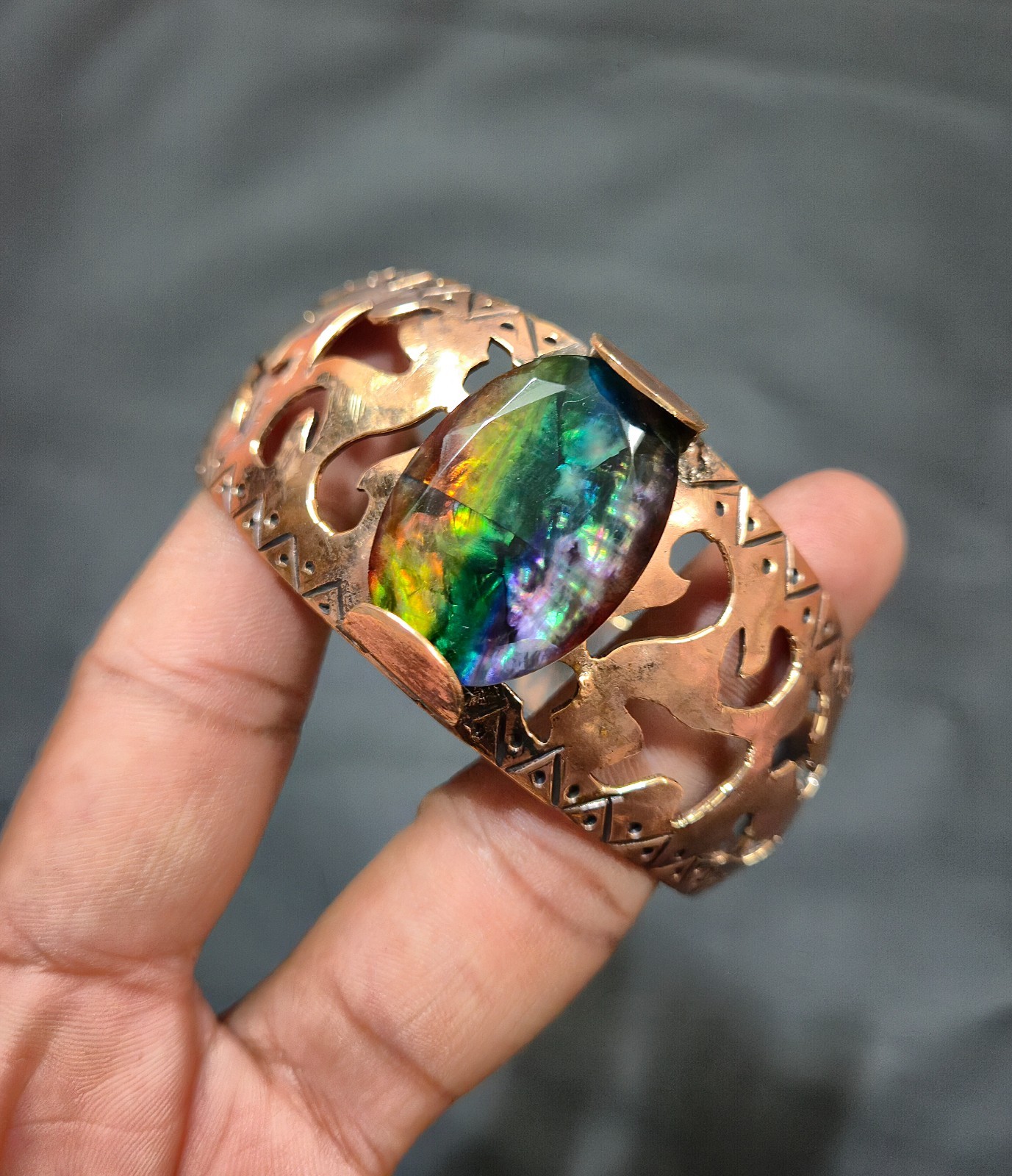 Faceted Ammolite Gemstone Wire Wrapped Bangle Adjustable Cuff Handmade Jewelry