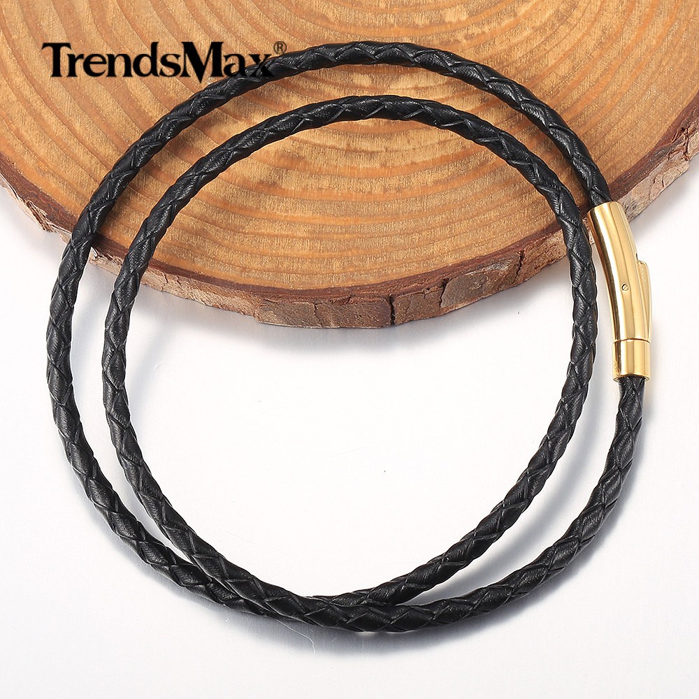 4MM Black Braided Leather Rope Necklace Bracelet Set with Gold Plated Push Lock
