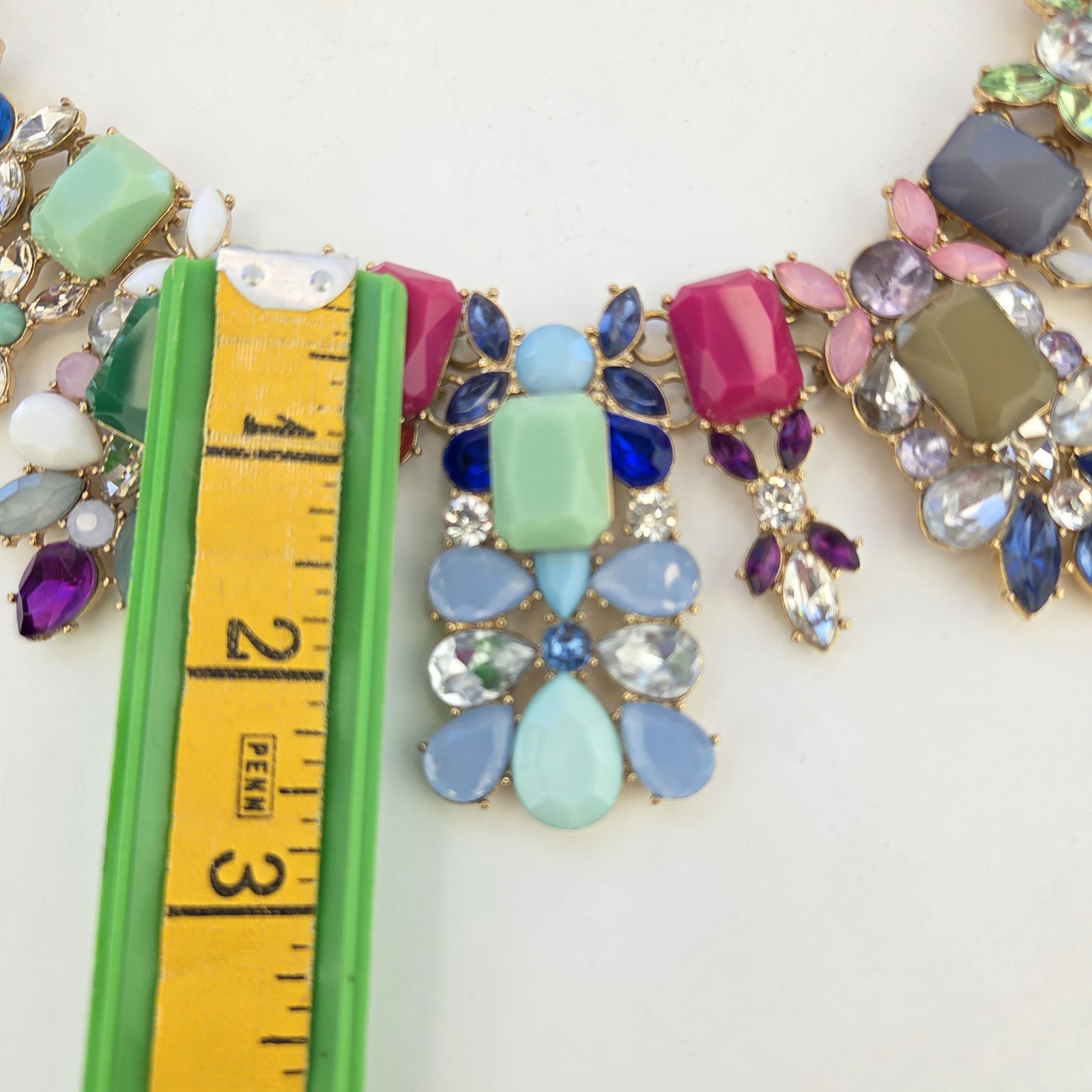 Natasha Statement Necklace 17″ Multi Colored Acrylic And Glass Stones Gold Tone
