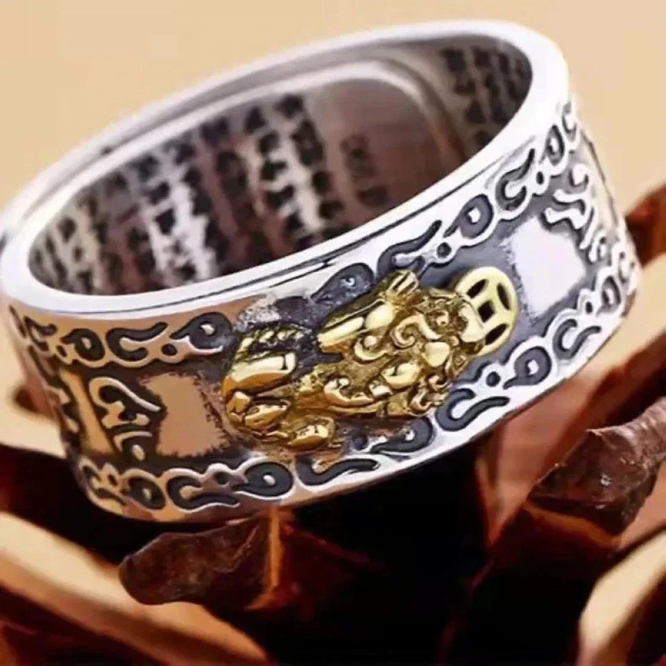 Feng Shui Pixiu Adjustable Ring Buddhist Mantra Attract Wealth Lucky Ring Charm