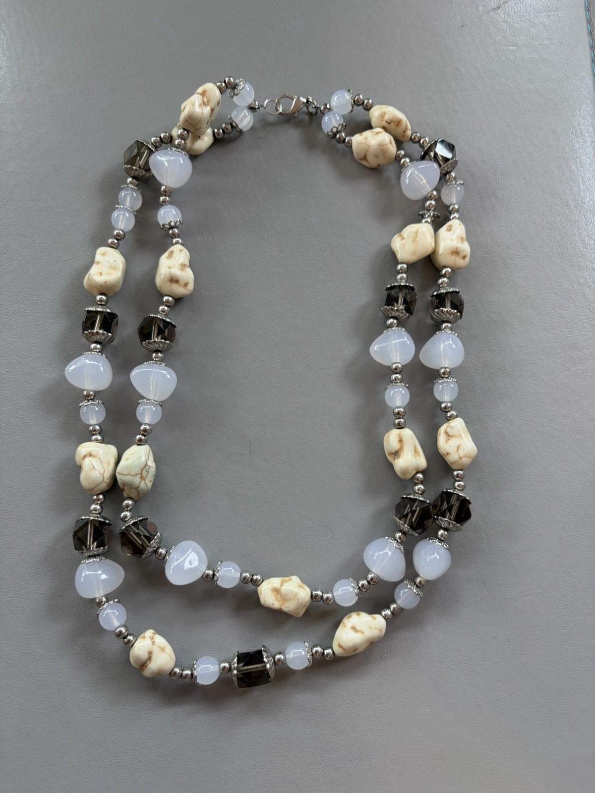 Vintage necklace stone nugget, crystal and glass double strand